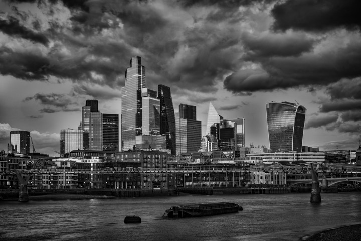 Black and white photograph of City of London skyline