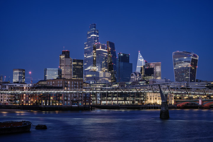 Blue hour colour  photograph of City of London skyline